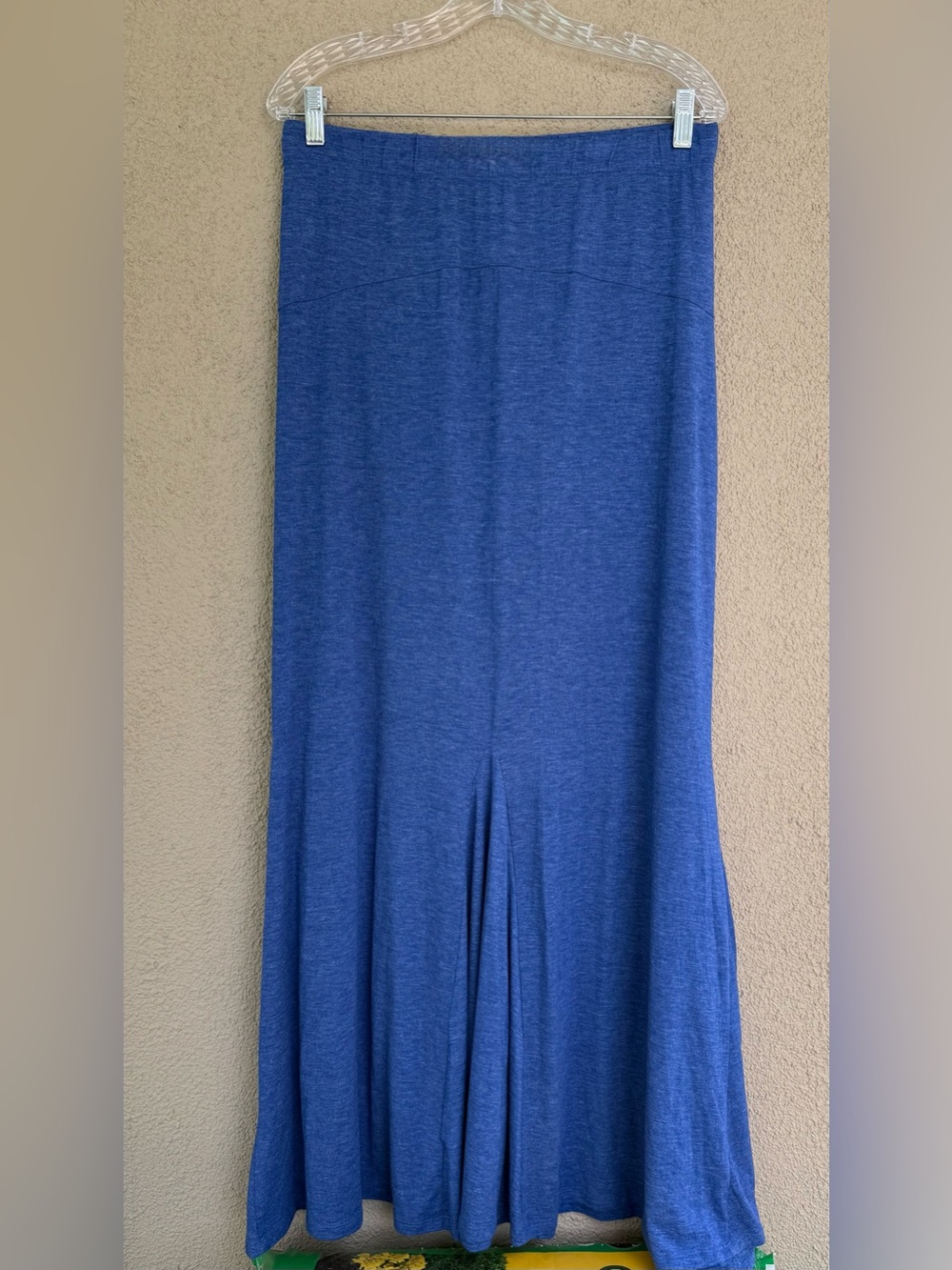 Love fire blue jersey knit stretch maxi skirt with a high elastic waist
